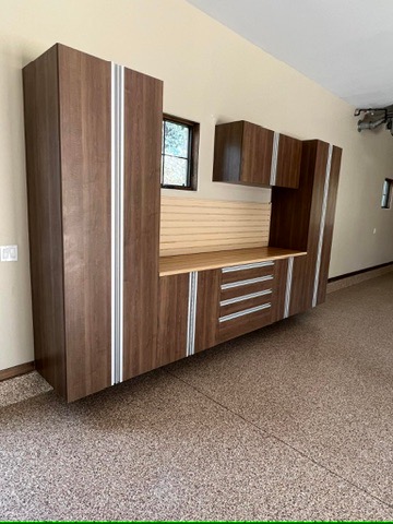 Custom Versa Garage cabinet finish and countertop paired with a coated garage floor